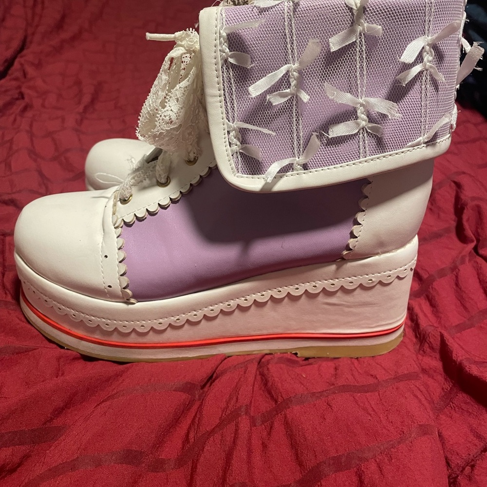 White and Purple Platform Shoes with Decorative Bows
